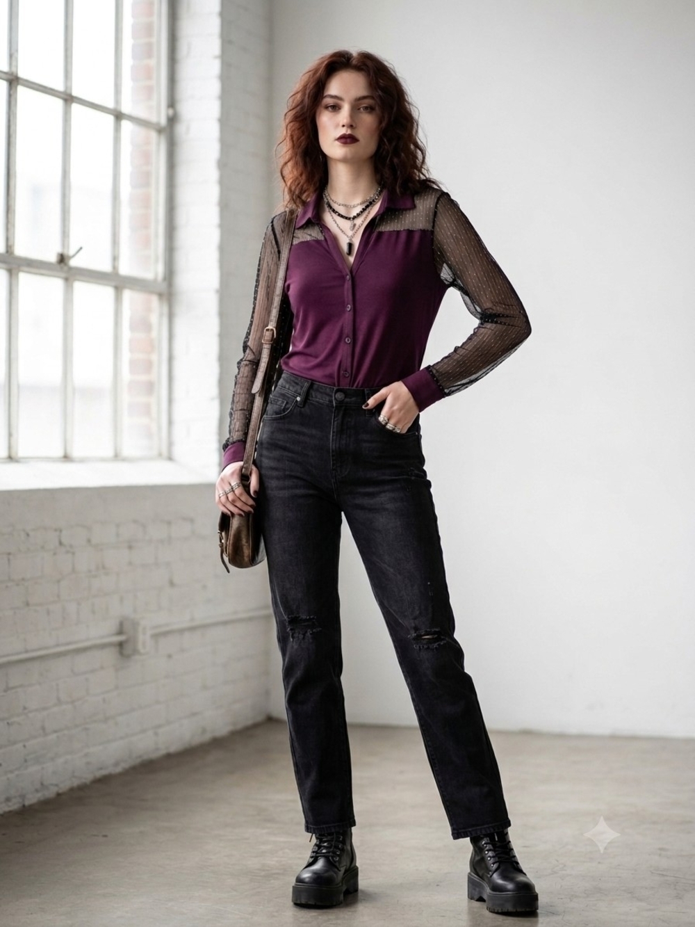 Princess Vera Wang Whimsigoth Purple Mesh Long Sleeve Blouse Top Medium